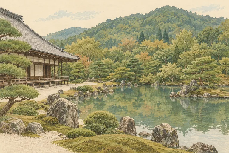 Illustration originale à la gouache du Tenryu-ji ; une impression interprétative, et non une carte de navigation.
