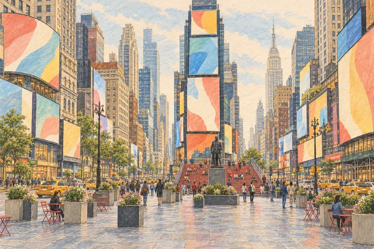 Original gouache illustration of Times Square; an interpretive impression, not a navigation map.