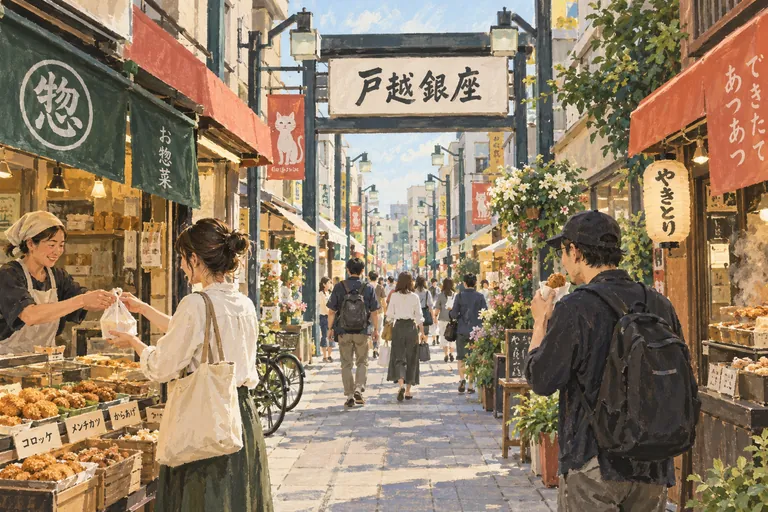 Original gouache illustration of Togoshi Ginza Shopping Street; an interpretive impression, not a navigation map.