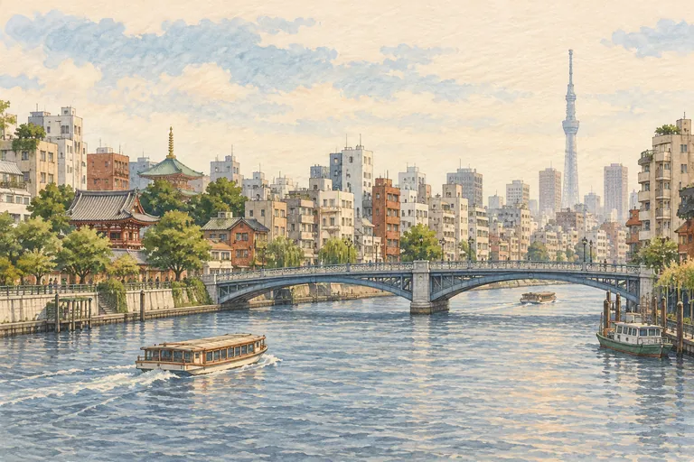 Originalillustration des Sumida-Flusses, einer Brücke und der abwechslungsreichen Skyline Tokios