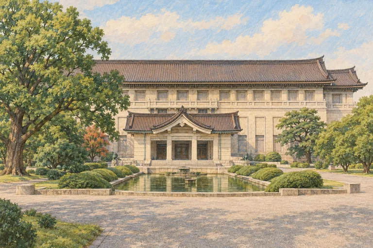 Original gouache illustration: Honkan’s broad roof and quiet courtyard.