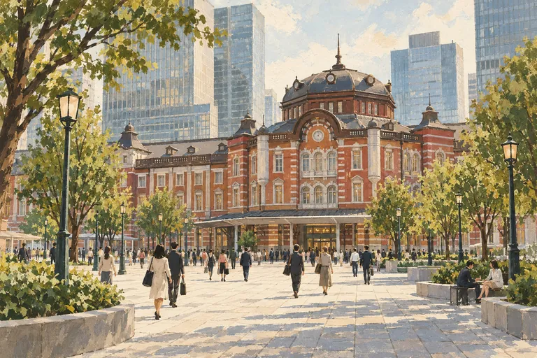 Illustrazione originale a guazzo della stazione di Tokyo e di Marunouchi; un'interpretazione figurativa, non una carta nautica.