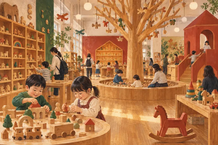 Originale Gouache-Illustration des Spielzeugmuseums Tokio; eine interpretative Darstellung, keine Navigationskarte.