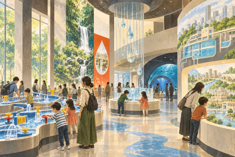Original gouache illustration of Tokyo Water Science Museum; an interpretive impression, not a navigation map.