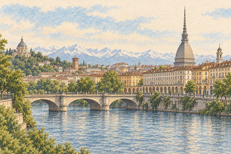 Originalillustration von Turin im gemeinsamen Grafikstil des Paper City Guide.
