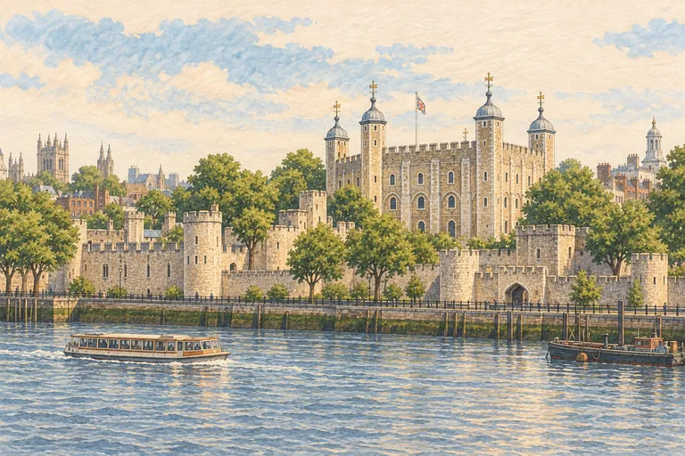 Illustrazione originale a guazzo della Torre di Londra; un'interpretazione figurativa, non una carta nautica.