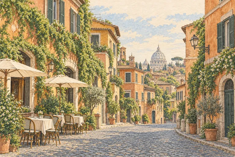Ilustração original em guache de Trastevere; uma interpretação, não um mapa de navegação.