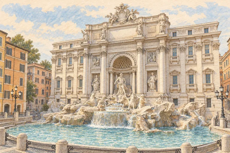 Ilustração original em guache da Fontana di Trevi; uma representação interpretativa, não um mapa de navegação.