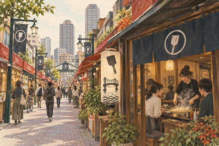Original gouache illustration of Tsukishima Monja Street; an interpretive impression, not a navigation map.
