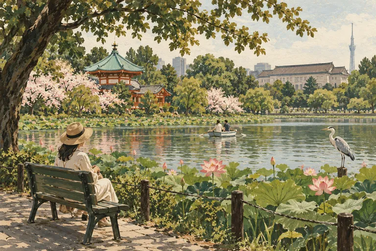 Ilustración original en gouache del Parque Ueno y el Estanque Shinobazu; una interpretación, no un mapa de navegación.