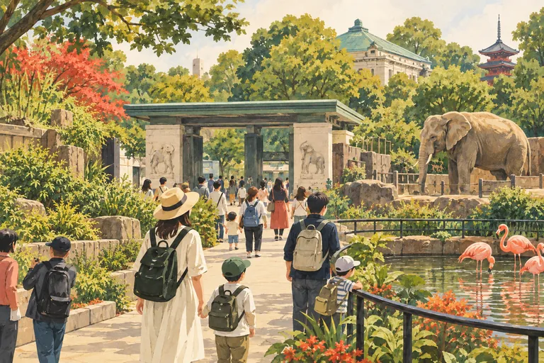 Illustrazione originale a guazzo dello zoo di Ueno; una rappresentazione interpretativa, non una mappa di navigazione.
