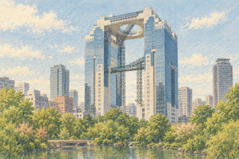 Illustration originale à la gouache de l'immeuble Umeda Sky Building ; une impression interprétative, et non une carte de navigation.