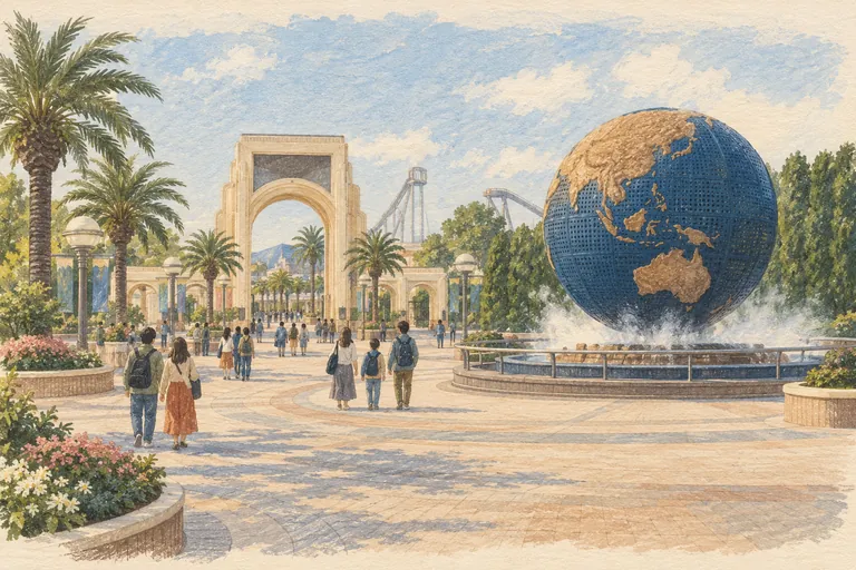 Illustration originale à la gouache d'Universal Studios Japan ; une impression interprétative, et non une carte de navigation.