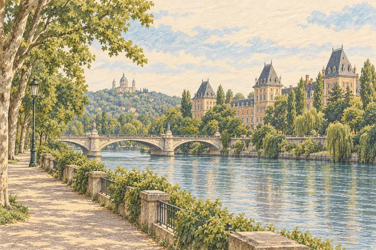 Originale Gouache-Illustration des Valentino-Parks; eine interpretative Darstellung, keine Navigationskarte.