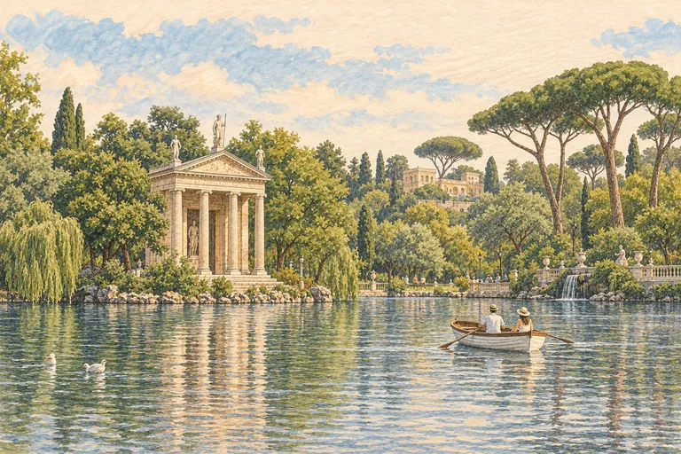 Ilustração original em guache da Villa Borghese; uma representação interpretativa, não um mapa de navegação.