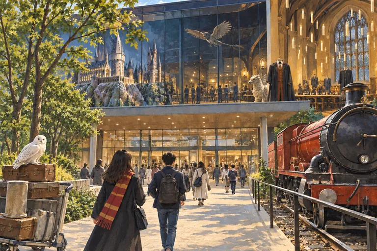 Originale Gouache-Illustration der Warner Bros. Studio Tour Tokyo; eine interpretative Darstellung, keine Navigationskarte.