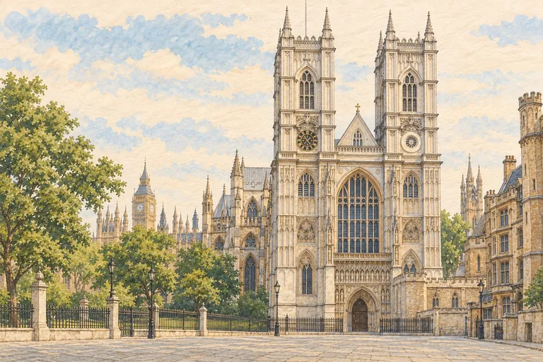 Illustrazione originale a guazzo dell'Abbazia di Westminster; un'interpretazione figurativa, non una carta nautica.
