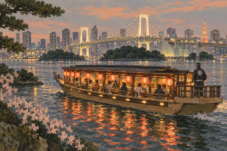 Original gouache illustration of Yakatabune Evening Cruise; an interpretive impression, not a navigation map.