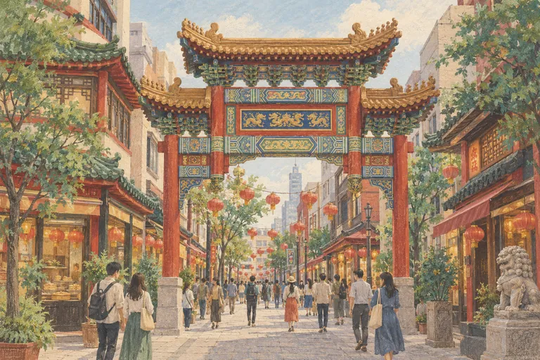 Illustration originale à la gouache du quartier chinois de Yokohama ; une impression interprétative, et non une carte de navigation.