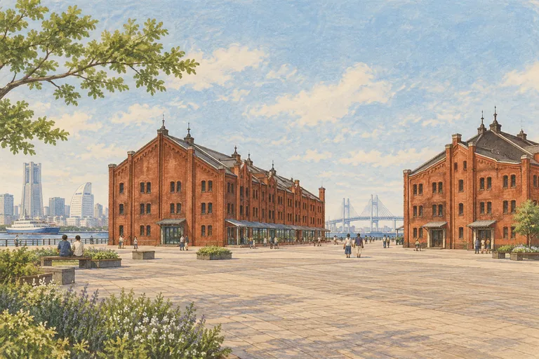 Illustration originale à la gouache d'un entrepôt de briques rouges de Yokohama ; une impression interprétative, et non une carte de navigation.