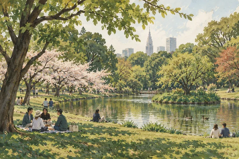 Originale Gouache-Illustration des Yoyogi-Parks; eine interpretative Darstellung, keine Navigationskarte.