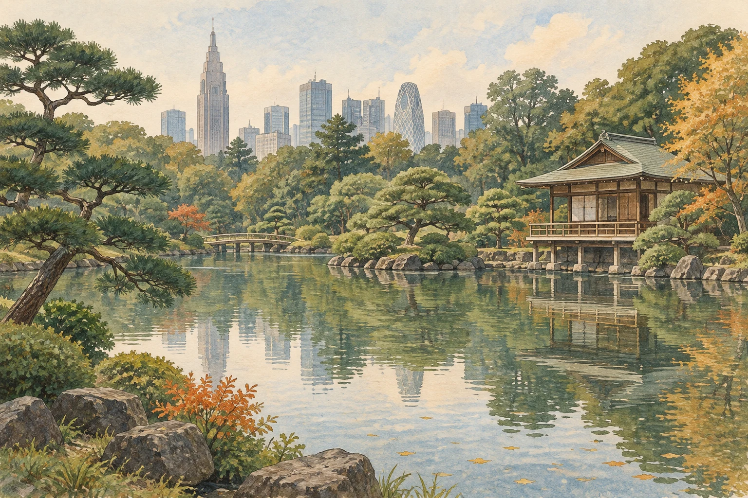 オリジナルのガッシュ風イラスト。池と松、庭園の建物。
