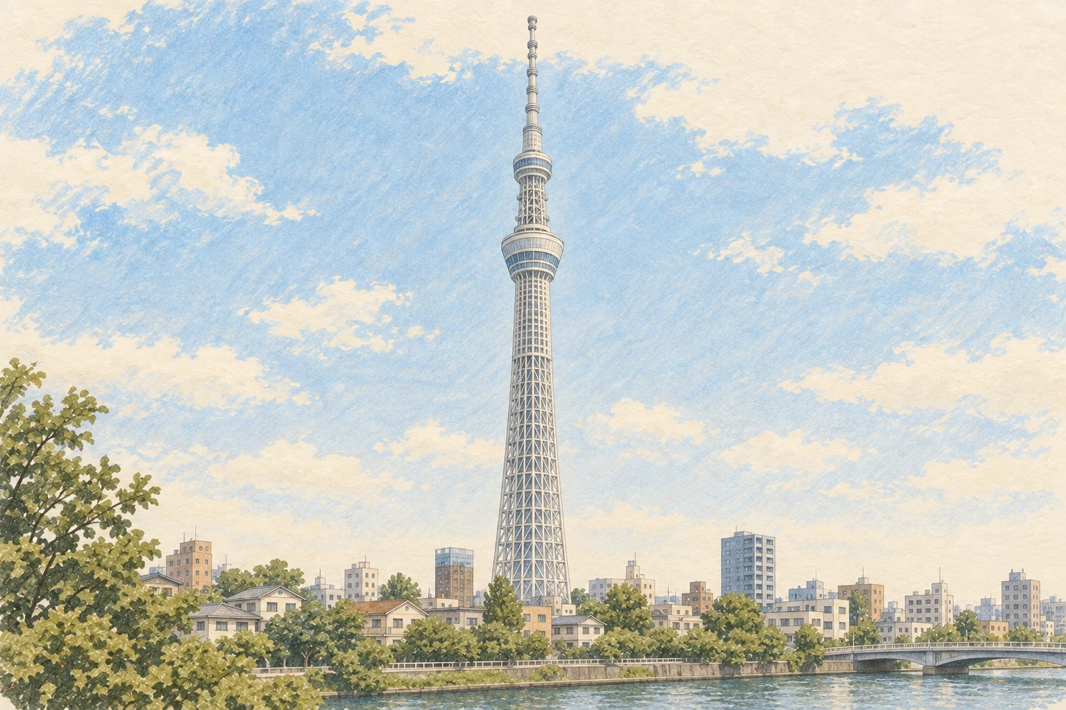 押上の街並みと淡い青空、緑の木々に囲まれた東京スカイツリーのオリジナルイラスト