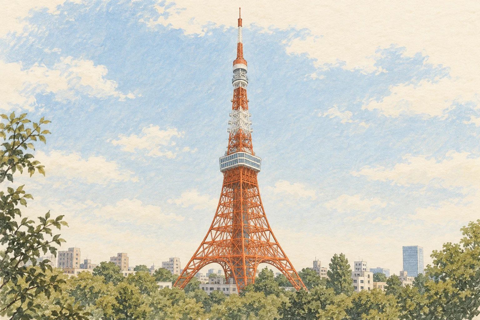 Original illustration of Tokyo Tower’s orange and white lattice structure among trees and the Tokyo skyline