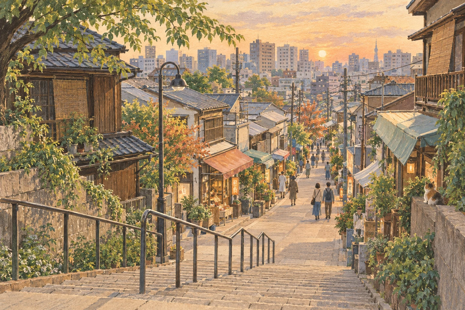 オリジナルのガッシュ風イラスト。夕やけだんだんと商店街。